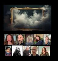 photo of a frame with smoke around, underneath headshots of 10 readers for the event
